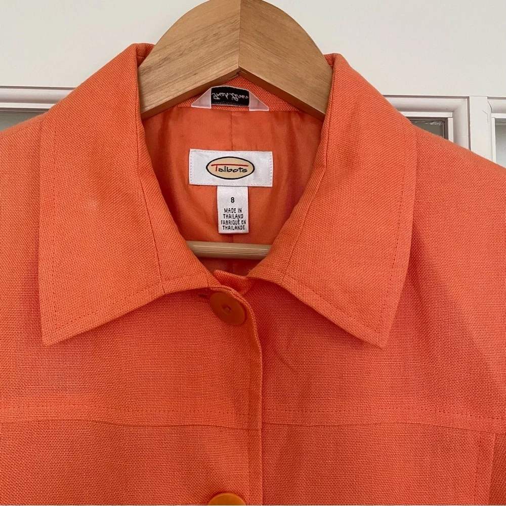 Talbots 100% linen bright orange collared short jacket women's size 8 - Picture 2 of 7
